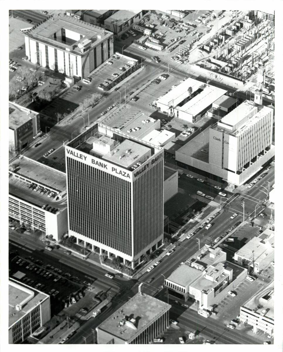An aerial view of the former Valley Bank Plaza in downtown Las Vegas in 1982. The office buildi ...
