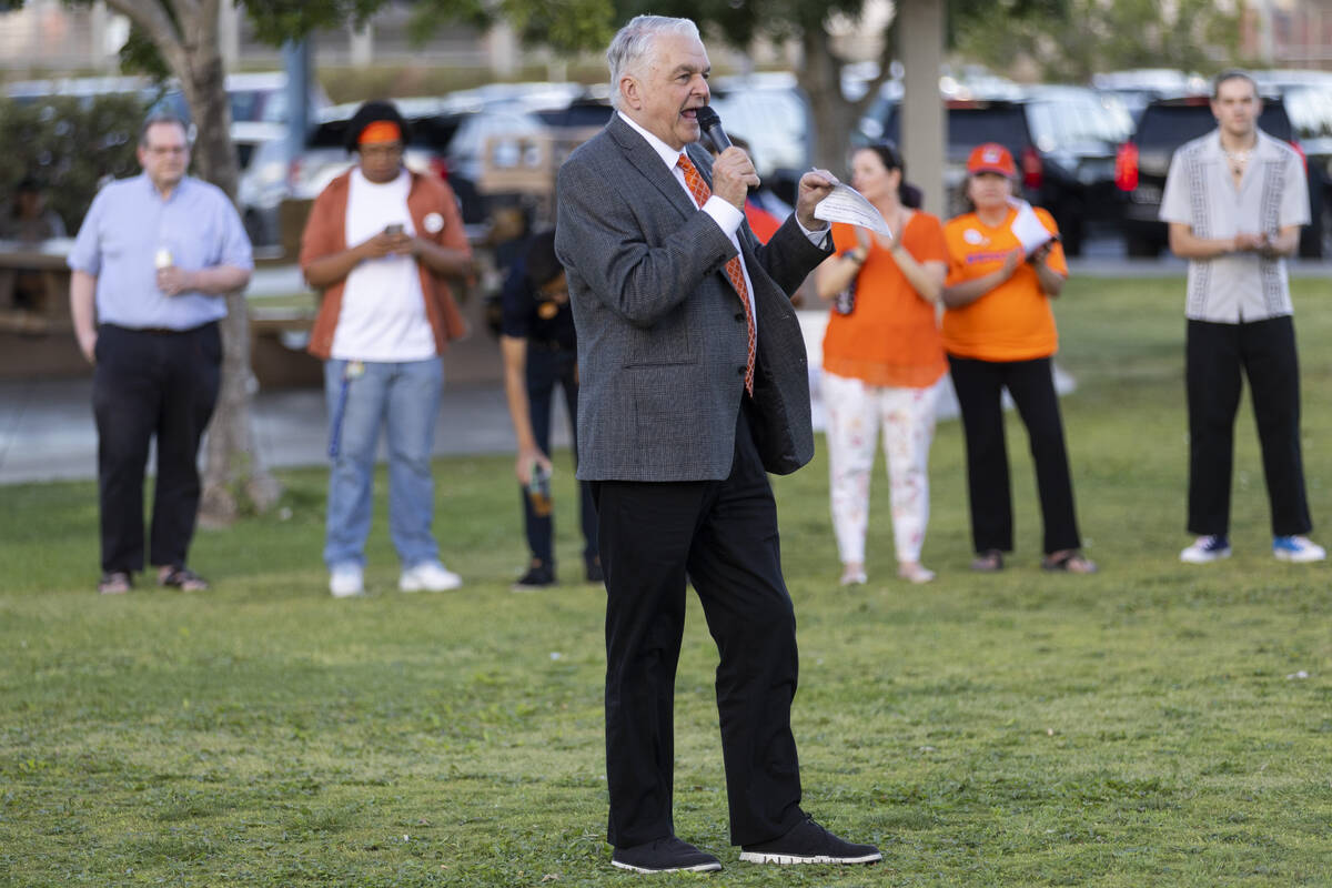 Governor Steve Sisolak speaks during the "Wear Orange" event hosted by gun safety adv ...