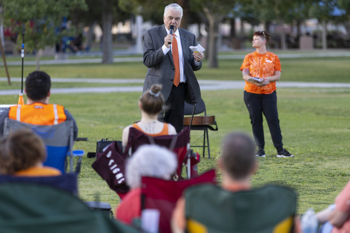 Governor Steve Sisolak speaks during the "Wear Orange" event hosted by gun safety adv ...
