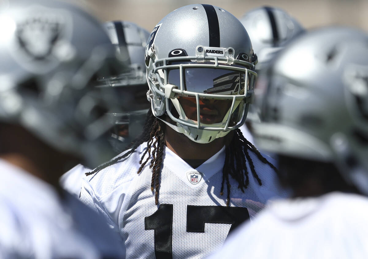 Raiders wide receiver Davante Adams participates during practice at Raiders Headquarters and In ...