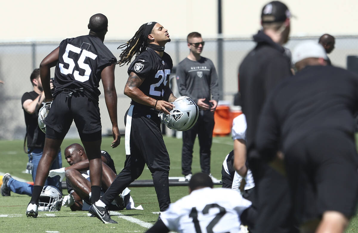 Raiders safety Tre’von Moehrig (25) walks after stretching during practice at Raiders He ...