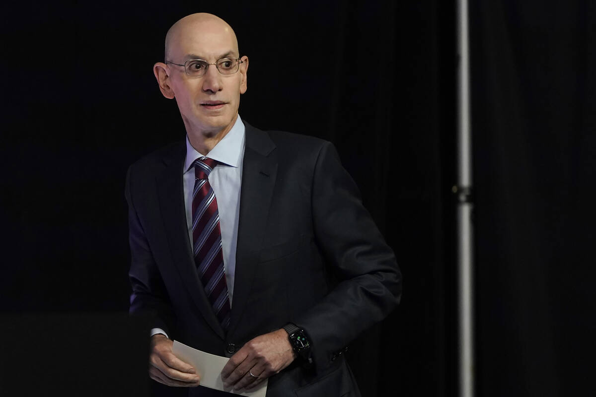 NBA Commissioner Adam Silver arrives at a news conference before Game 1 of basketball's NBA Fin ...