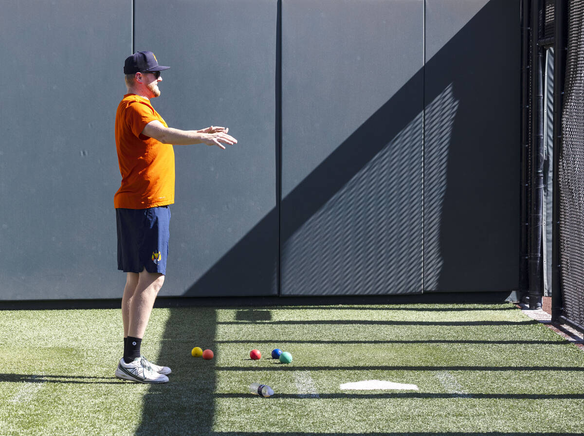 Aviator's pitcher Jared Koenig stretches during team's practice at Las Vegas Ballpark on Friday ...