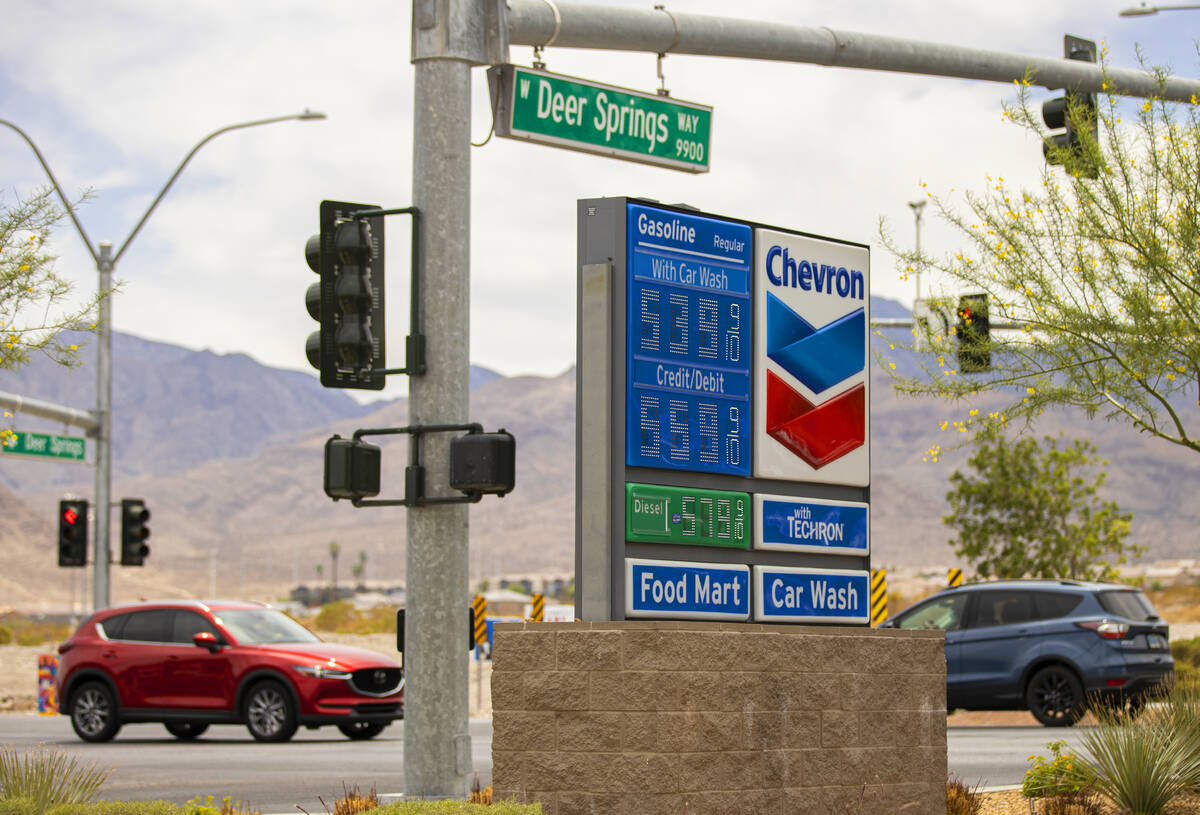 Gas prices are advertised at Lucky Spot Chevron on Saturday, June 4, 2022, in Las Vegas. (Benja ...