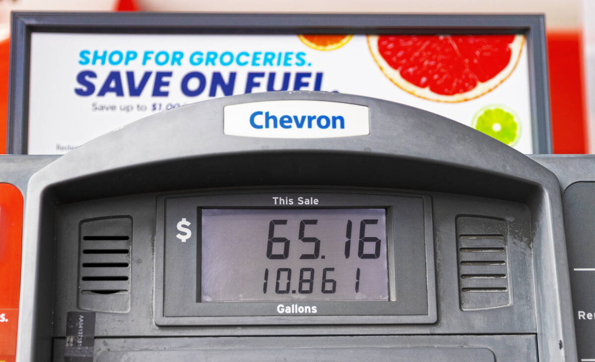 Gas pumps at Lucky Spot Chevron on Saturday, June 4, 2022, in Las Vegas. (Benjamin Hager/Las Ve ...