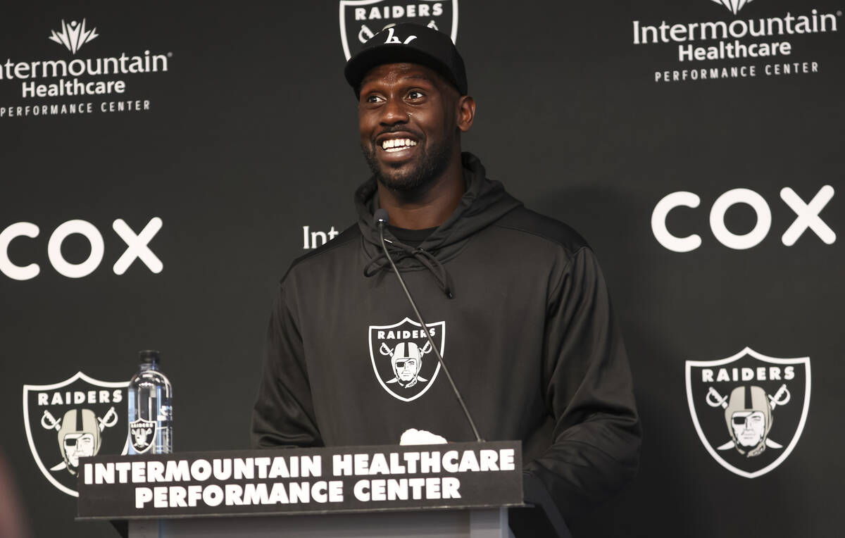 Raiders defensive end Chandler Jones speaks during a press conference at Raiders Headquarters a ...