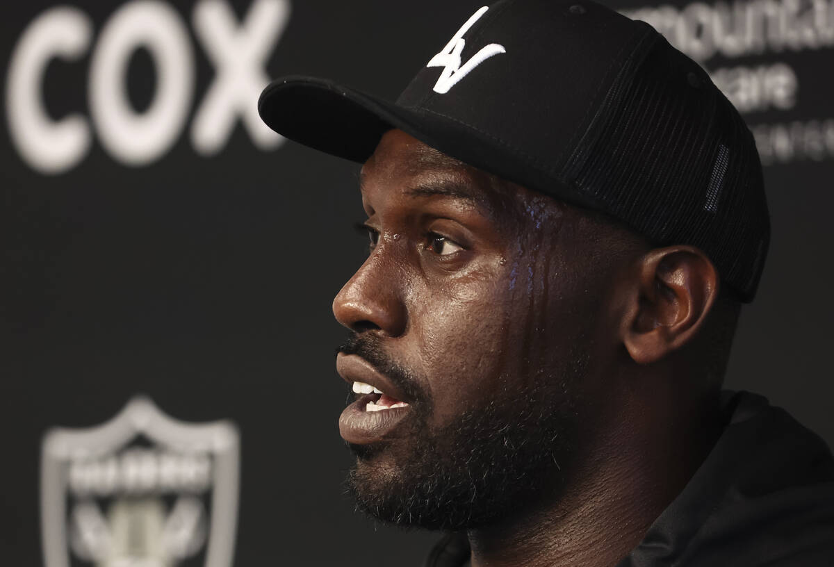 Raiders defensive end Chandler Jones speaks during a press conference at Raiders Headquarters a ...