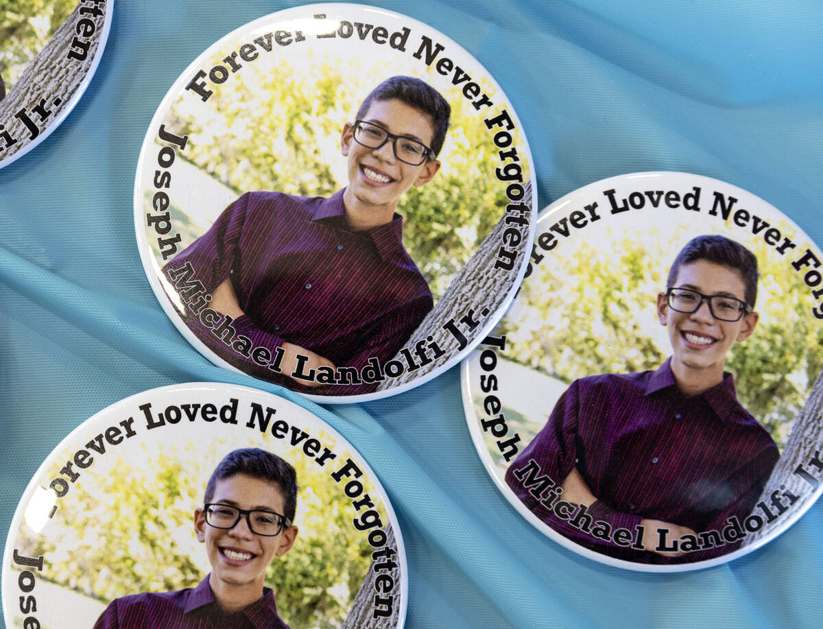 Buttons are available for donors during a blood drive inspired by Joseph Landolfi, who died of ...