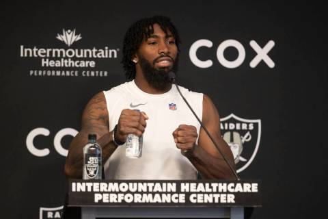Raiders safety Nate Hobbs addresses the media during a news conference on Thursday, June 2, 202 ...
