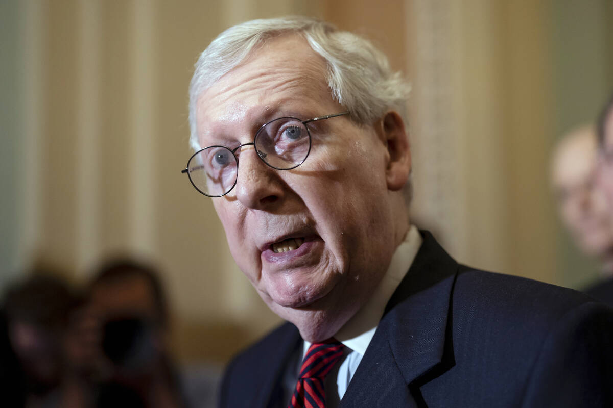 FILE - Senate Minority Leader Mitch McConnell, R-Ky., speaks with reporters following a closed- ...
