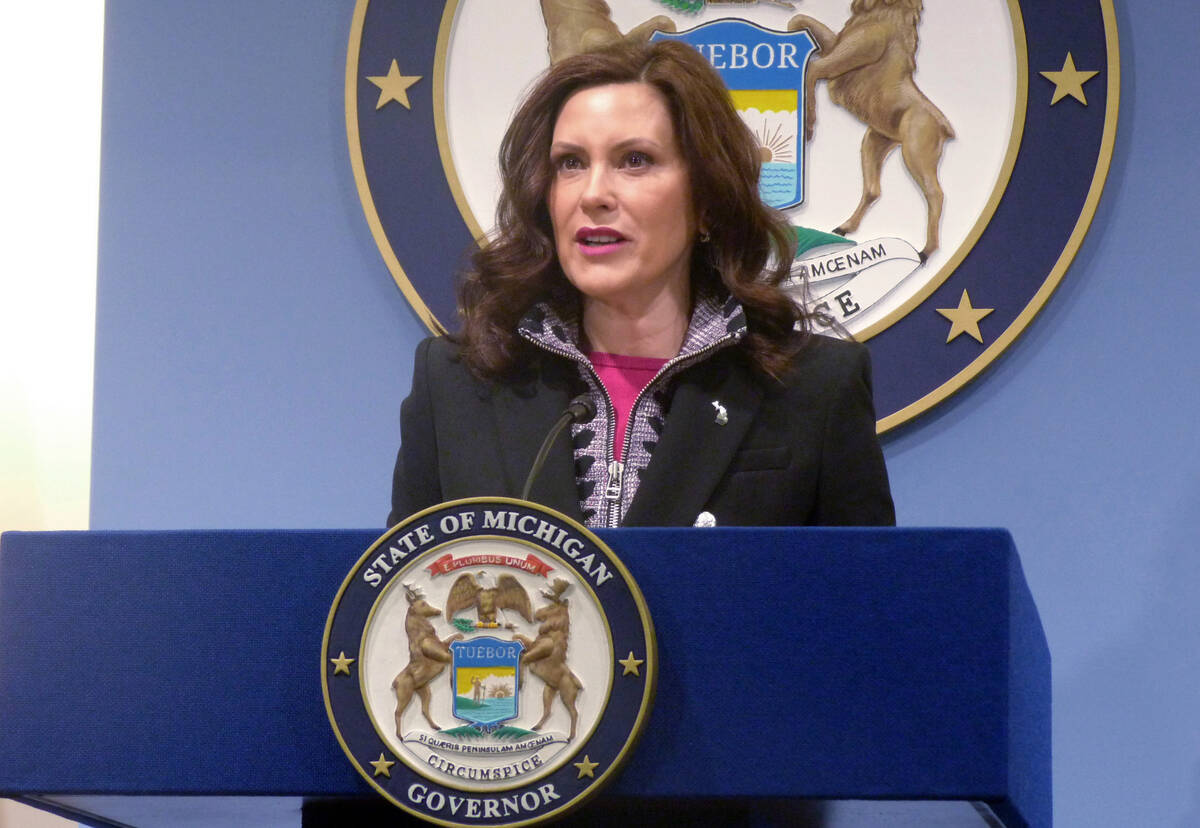 FILE - Michigan Gov. Gretchen Whitmer speaks at a news conference on Friday, March 11, 2022, at ...