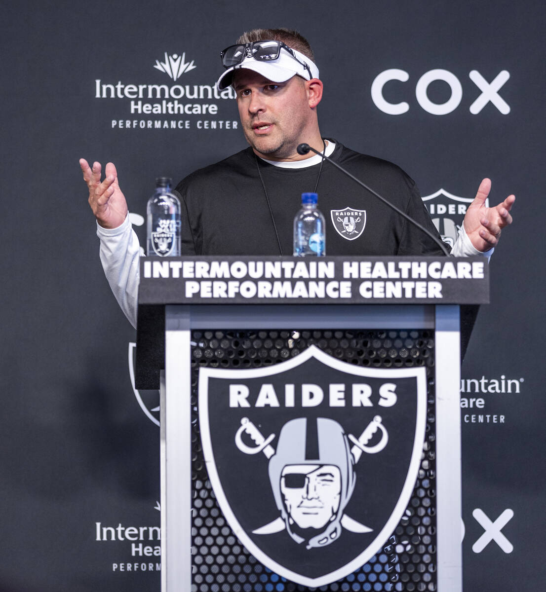 Raiders head coach Josh McDaniels talks during minicamp practice at the Raiders headquarters wi ...