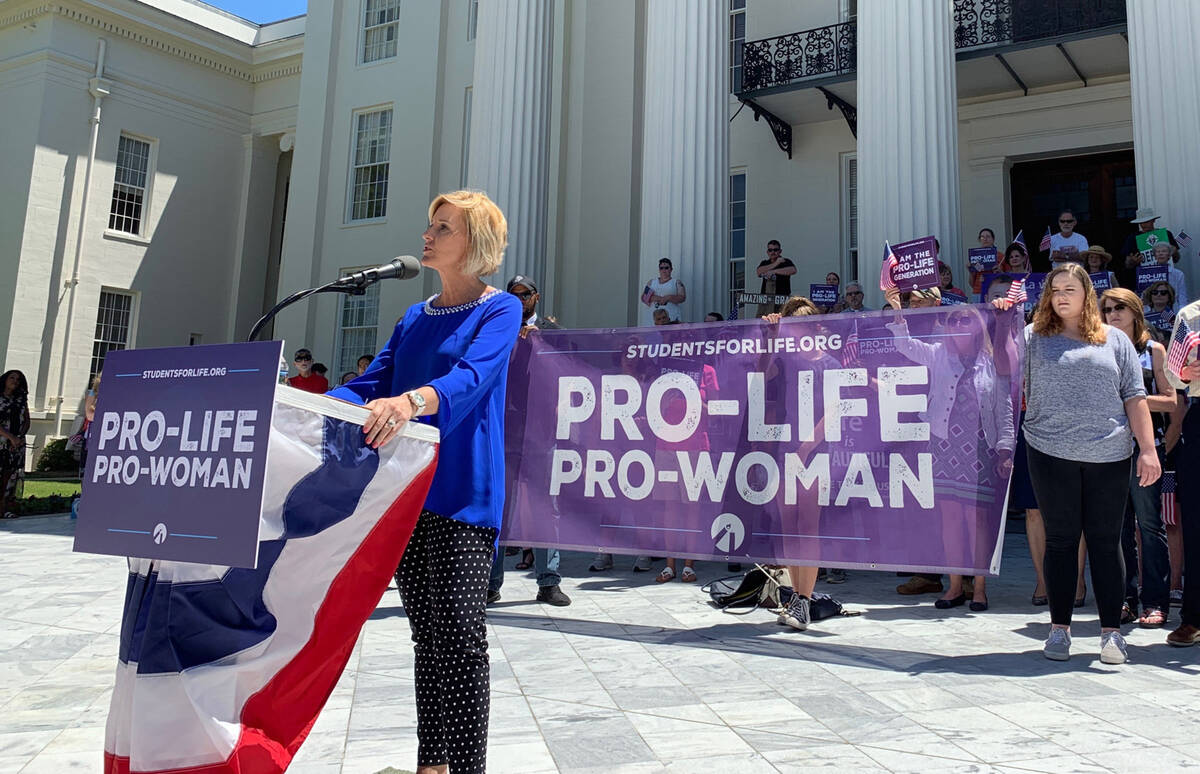 Beck Gerritson, president of Eagle Forum of Alabama, speaks at an anti-abortion rally outside t ...