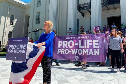 Beck Gerritson, president of Eagle Forum of Alabama, speaks at an anti-abortion rally outside t ...