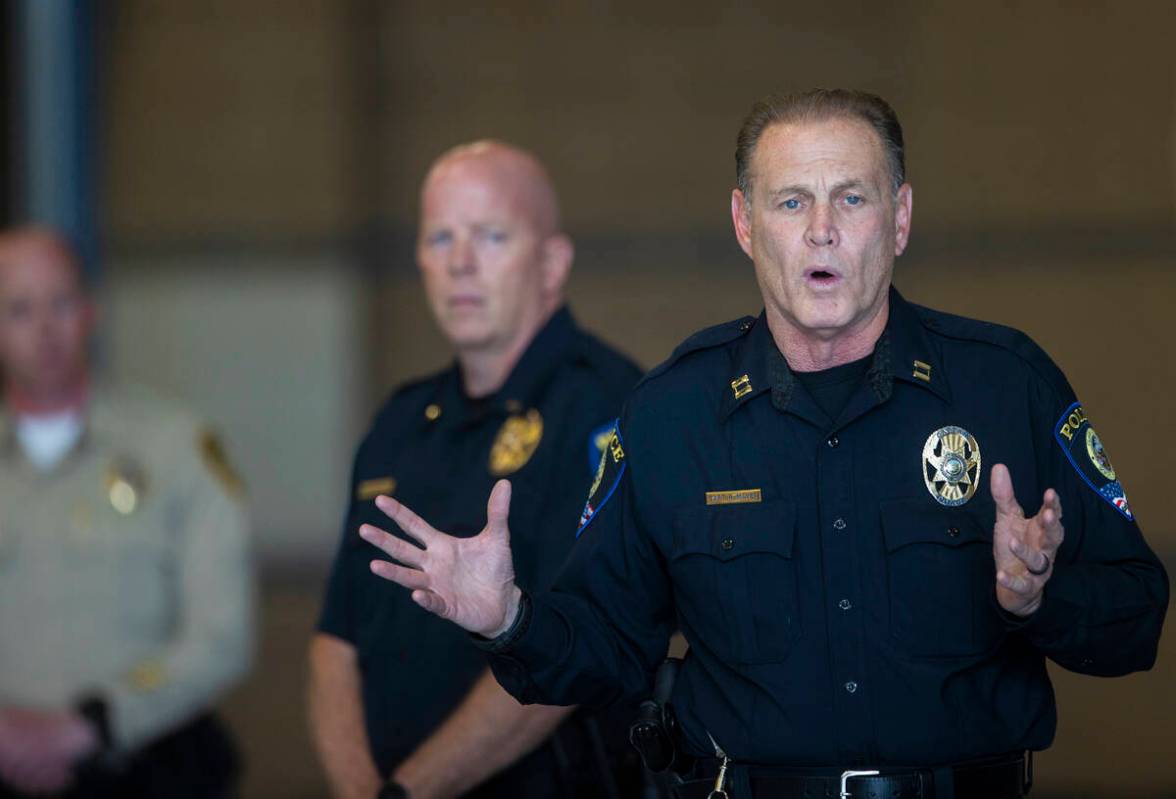 CCSD Police Capt. Robert Mayer speaks at Spring Valley High School on Tuesday, June 7, 2022, in ...