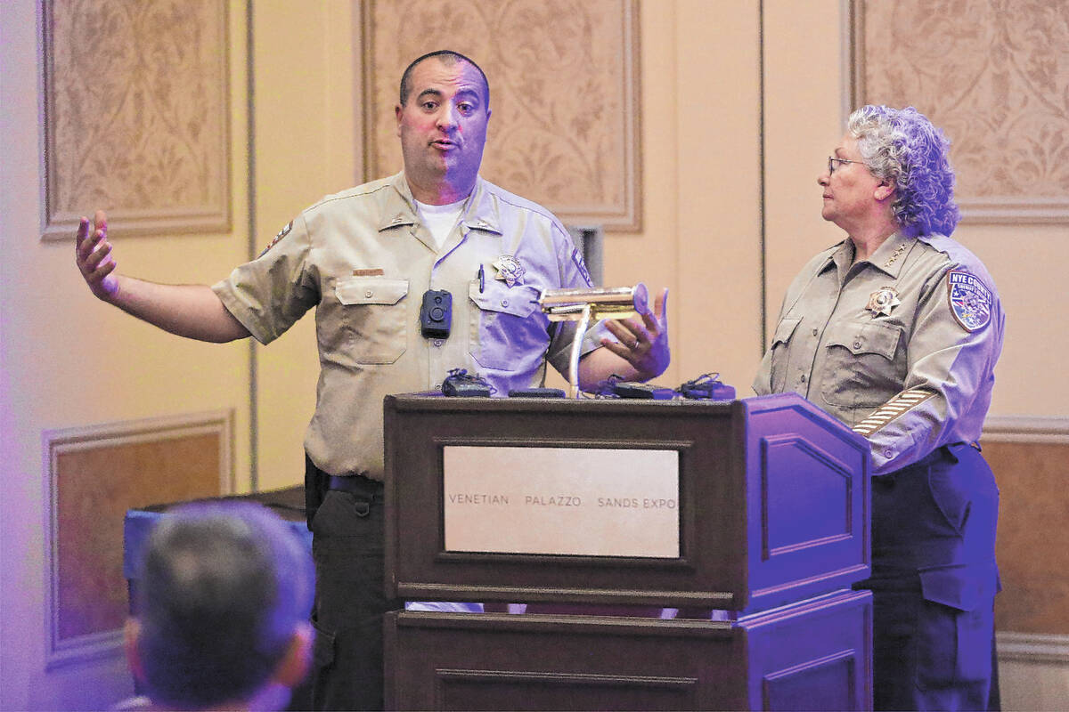 Nye County's David Boruchowitz, left, and Sheriff Sharon Wehrly, speak about the use of Viridia ...