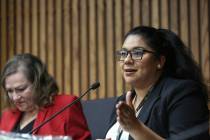 Irene Cepeda speaks after being sworn in as a school board member at the Edward Greer Education ...