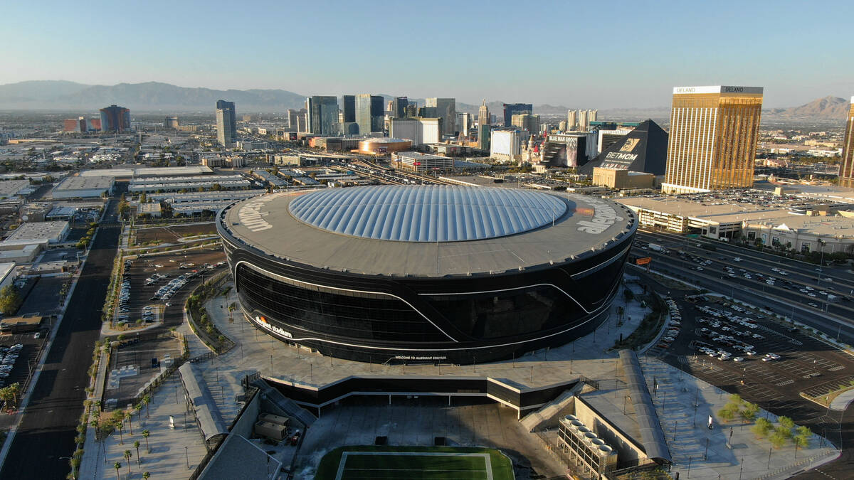Aerial view of some of the parking surrounding Allegiant Stadium on Thursday, August 5, 2021. ( ...
