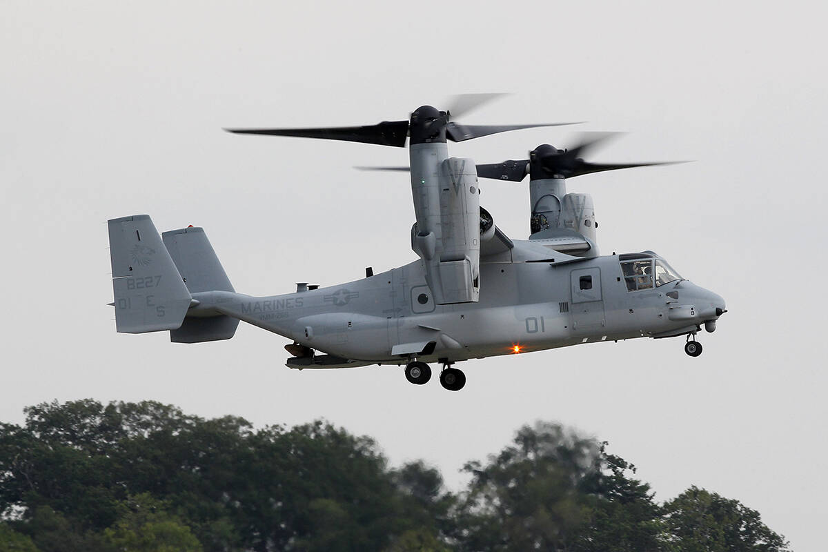 FILE - A MV-22B Osprey tiltrotor aircraft flies at Marine Corps Air Facility at Marine Corps Ba ...