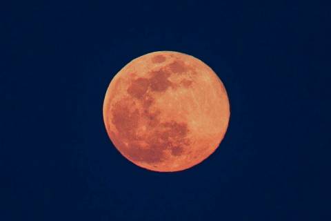 A pink supermoon rises over the Las Vegas Strip on Tuesday, April 7, 2020. (Benjamin Hager/Las ...