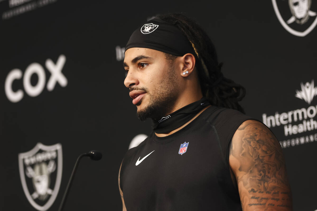 Raiders safety Tre’von Moehrig speaks during a press conference at Raiders Headquarters ...