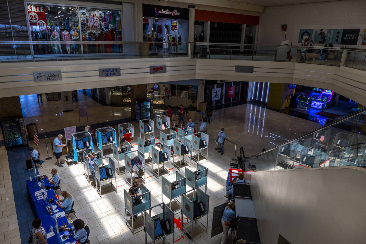 Area residents participate in the last day early voting for the 2022 primaries at Meadows Mall ...
