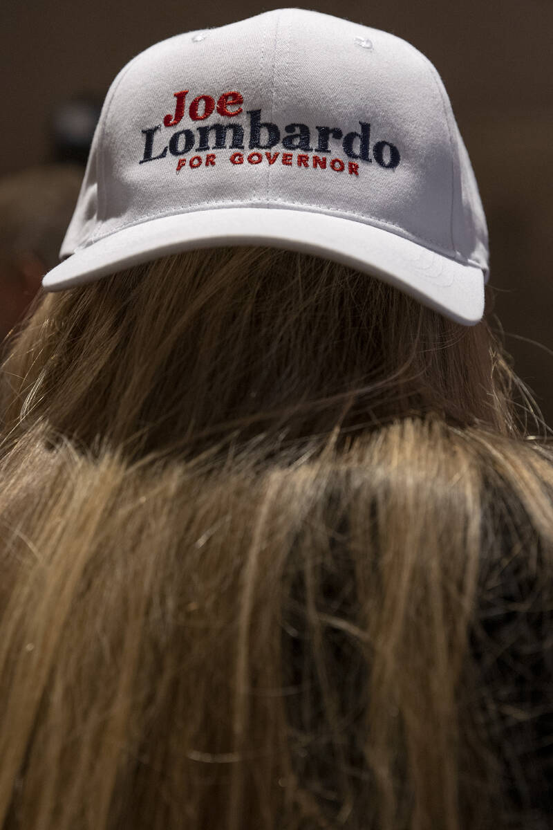 A woman wears a hat for Republican candidate for Nevada governor Joe Lombardo during an electio ...