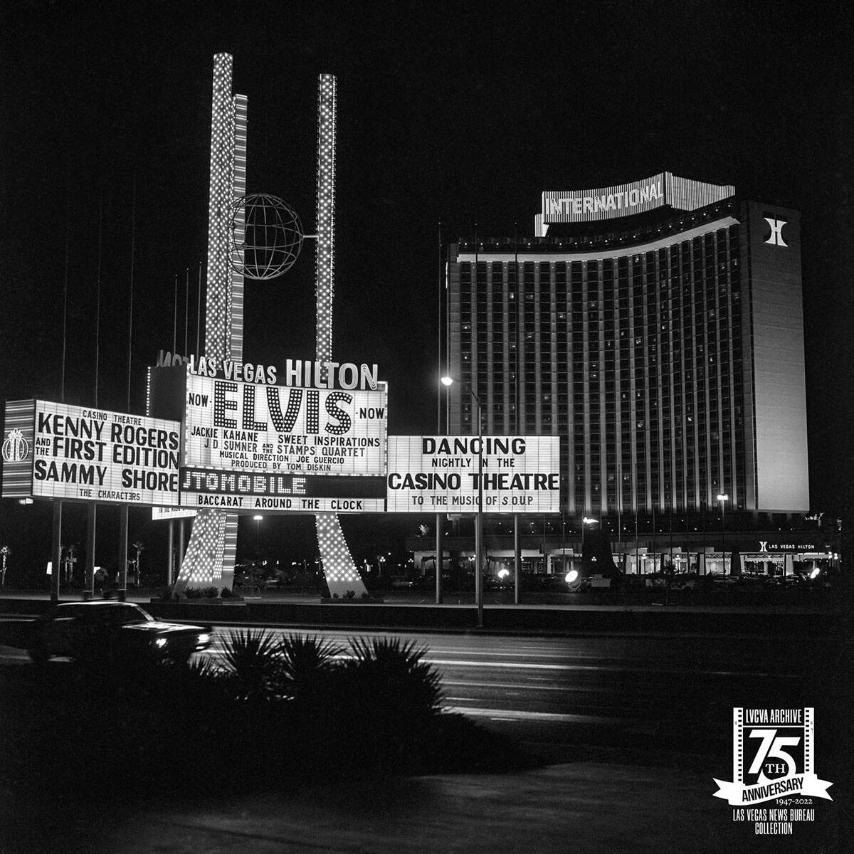 The Las Vegas Hilton marquee with Elvis Presley as headliner on Jan. 26, 1972. Elvis re-ignited ...