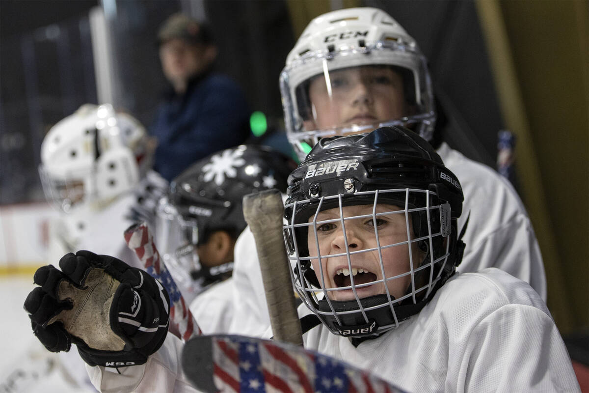 Mavericks player Samuel Laux cheers for his team after they scored a goal against the Goonies d ...