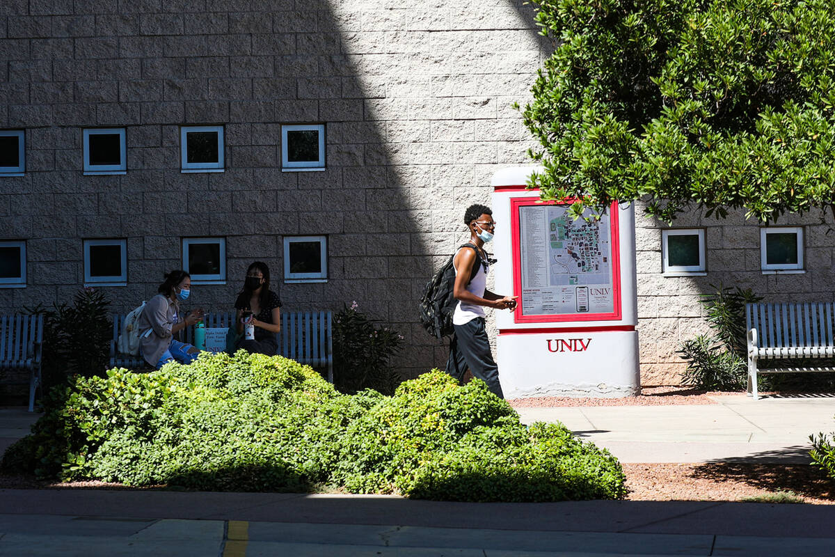 In this Sept. 16, 2021, file photo, students exit the Lied Library at UNLV in Las Vegas. (Rache ...