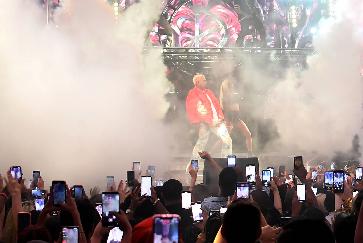 LAS VEGAS, NEVADA - JUNE 11: Singer/songwriter Chris Brown performs during the first show of hi ...