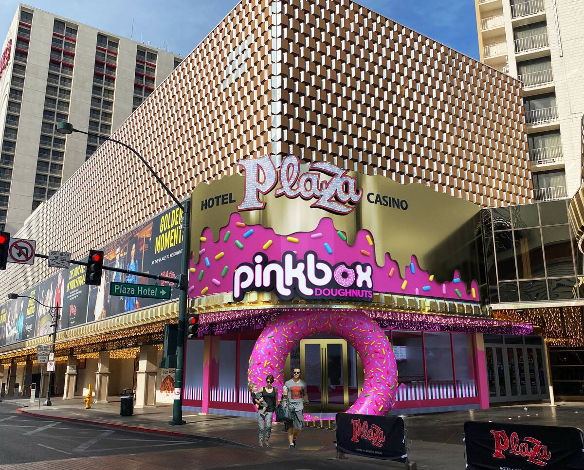A rendering of the exterior of Pinkbox Doughnuts at the Plaza Hotel & Casino. The Vegas-based c ...