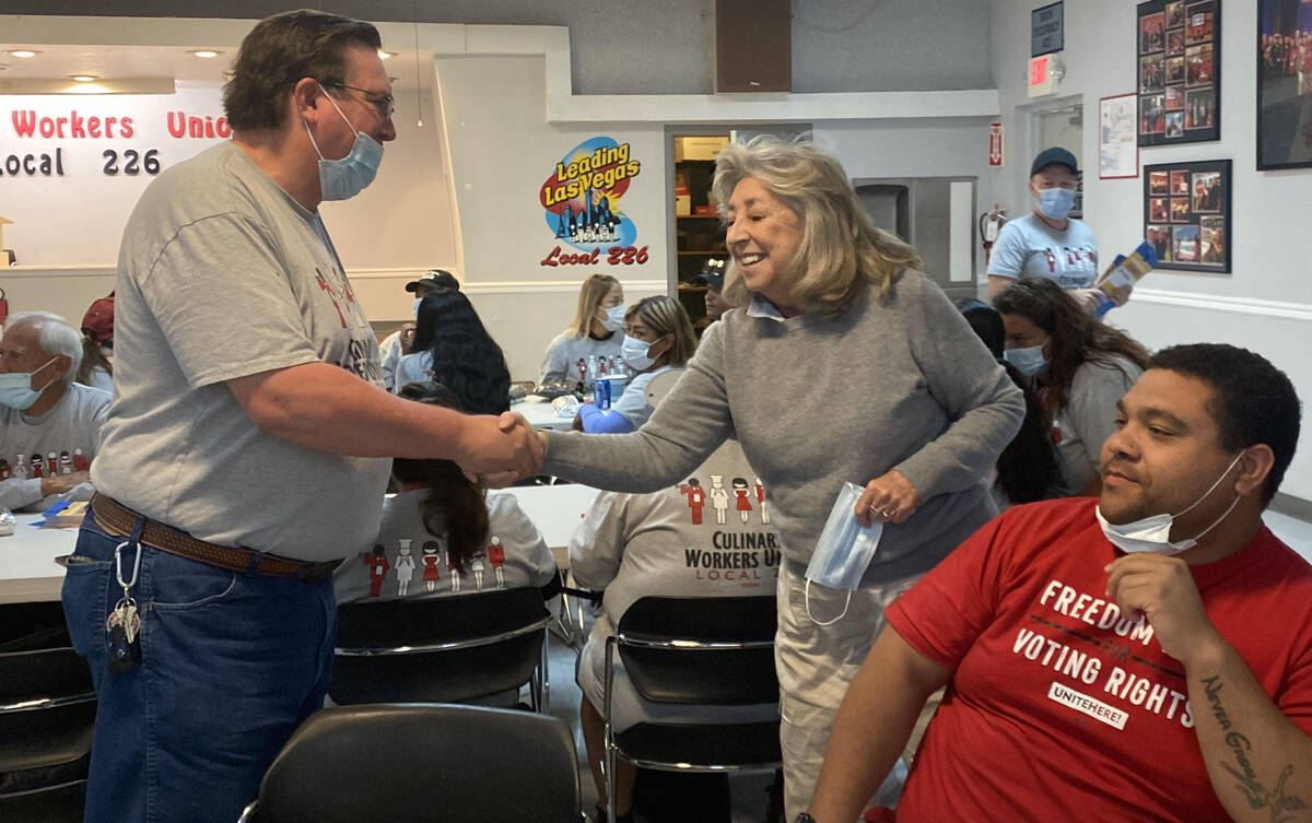U.S. Rep. Dina Titus joins with Culinary Union members, Tuesday, June 14, 2022, in Las Vegas. ( ...