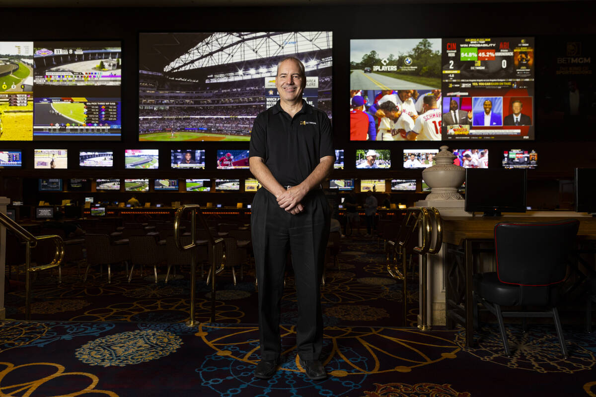 Retired MGM Resorts director of trading Jeff Stoneback poses for a portrait at the Mandalay Bay ...