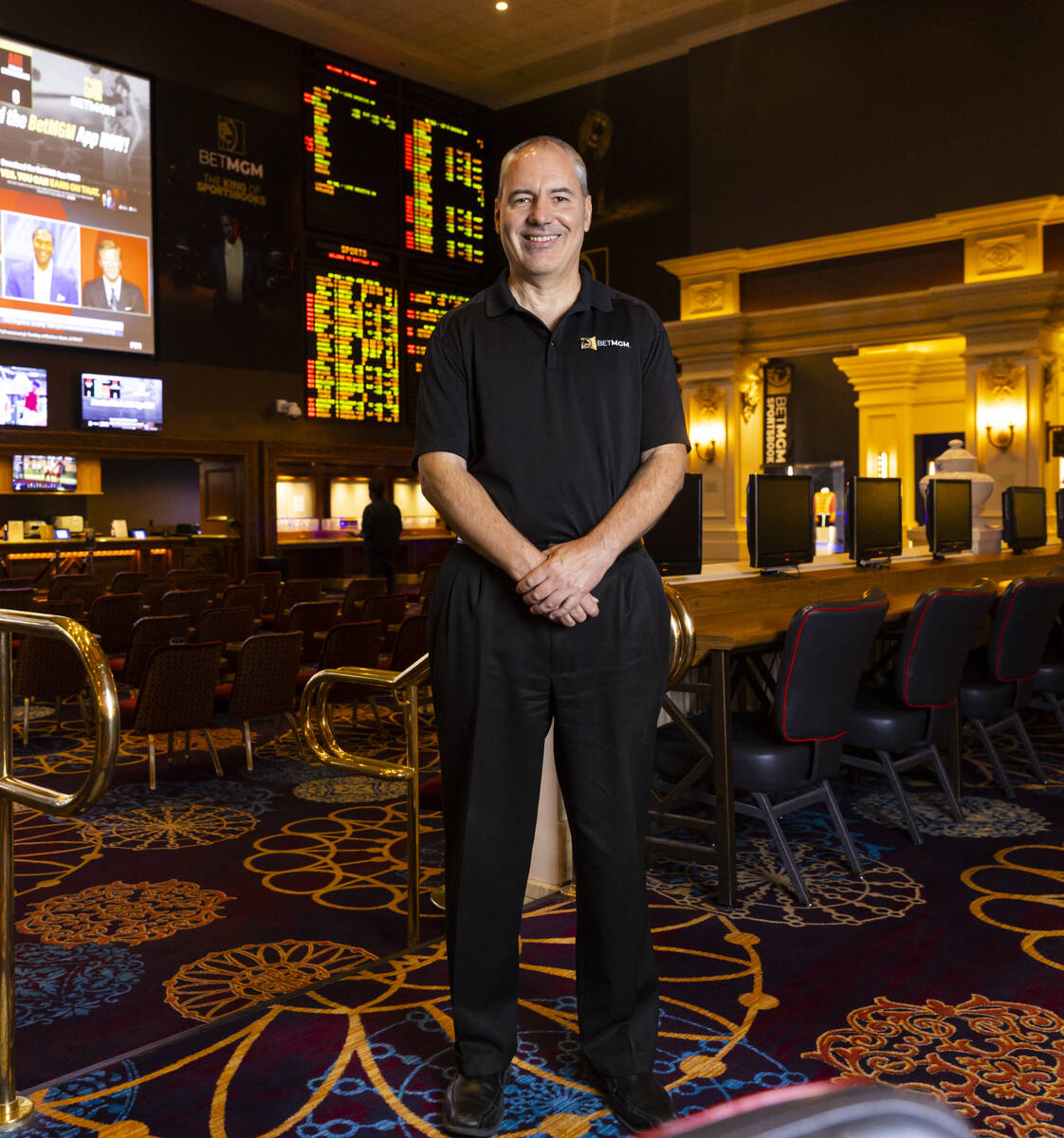 Retired MGM Resorts director of trading Jeff Stoneback poses for a portrait at the Mandalay Bay ...