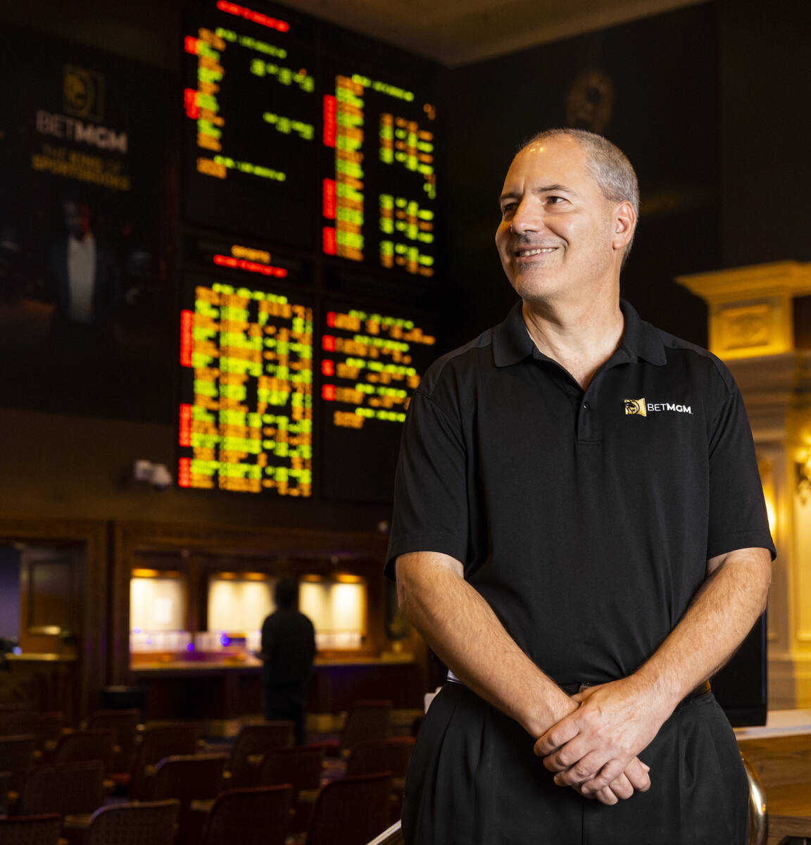 Retired MGM Resorts director of trading Jeff Stoneback poses for a portrait at the Mandalay Bay ...