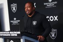 Raiders defensive backs, pass game coordinator Jason Simmons speaks during a press conference a ...