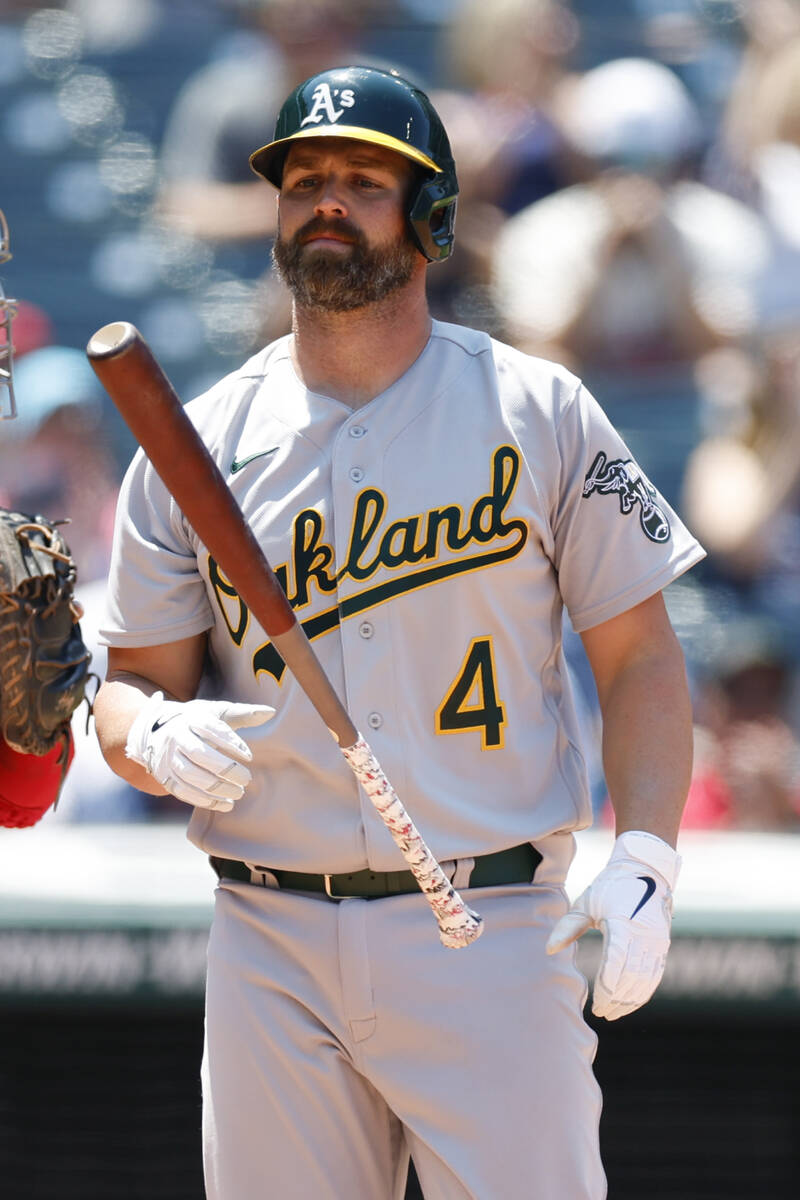 Oakland Athletics' Matt Davidson reacts after striking out against Cleveland Guardians relief p ...