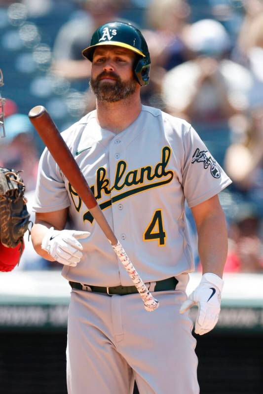 Oakland Athletics' Matt Davidson reacts after striking out against Cleveland Guardians relief p ...