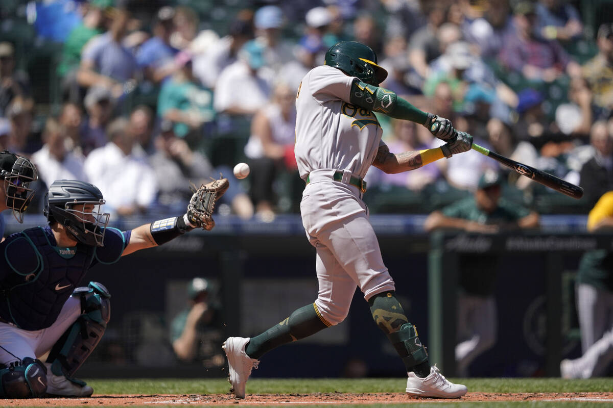 Oakland Athletics' Luis Barrera swings for a strike during the second inning of a baseball game ...