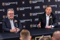 New Golden Knights head coach Bruce Cassidy, right, speaks at a press conference beside general ...