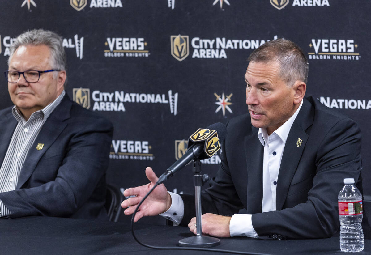 New Golden Knights head coach Bruce Cassidy, right, speaks at a press conference beside general ...