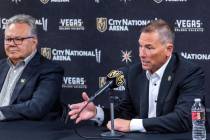 New Golden Knights head coach Bruce Cassidy, right, speaks at a press conference beside general ...