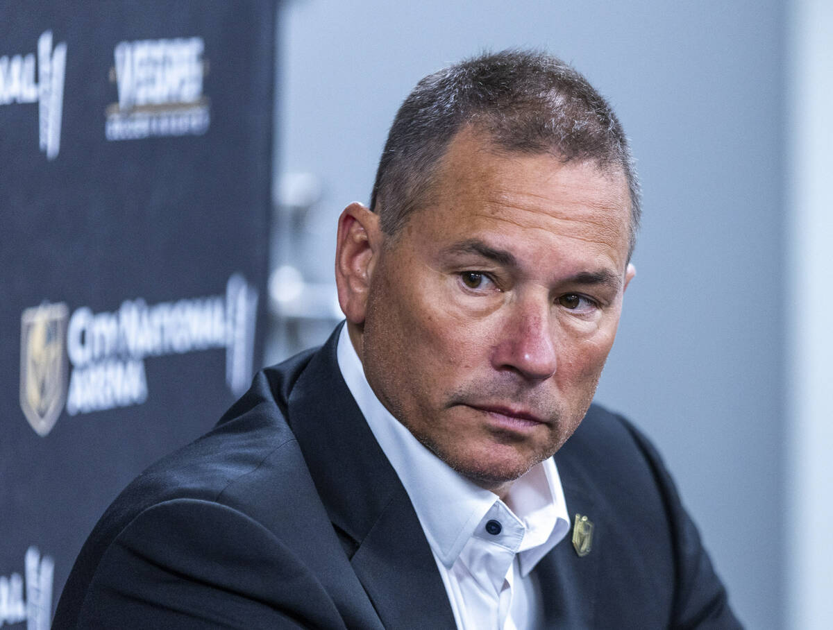 New Golden Knights head coach Bruce Cassidy listens to comments at a press conference as he's i ...