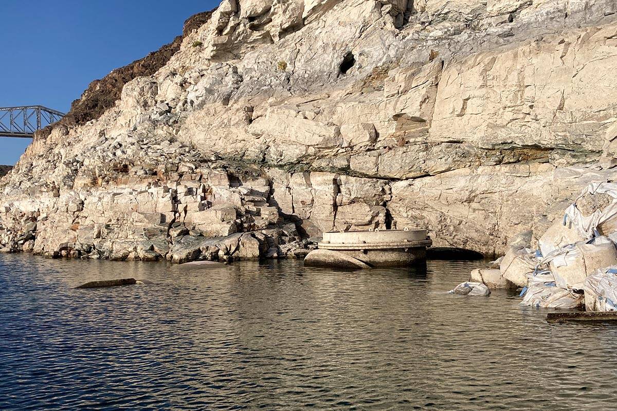 The top of water intake valve No. 1 became visible in late April in Lake Mead. A third straw an ...