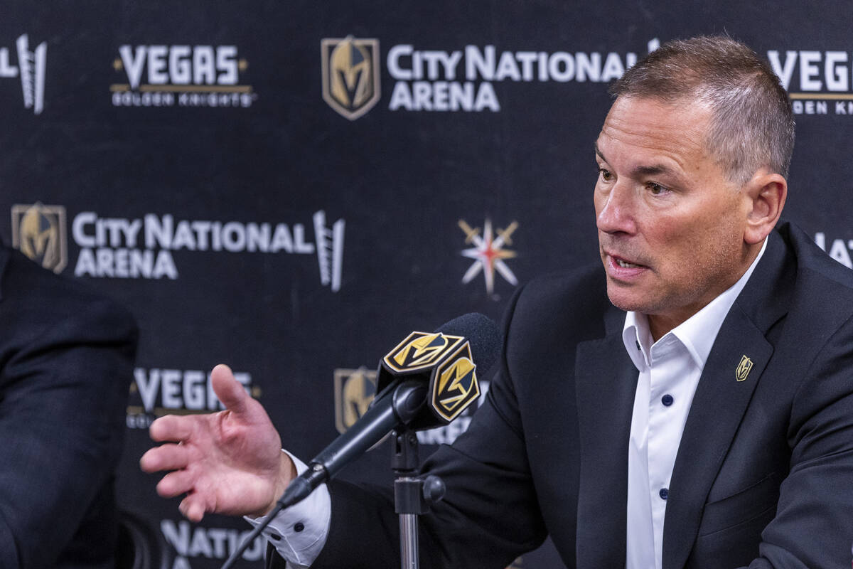New Golden Knights head coach Bruce Cassidy speaks at a press conference as he's introduced to ...