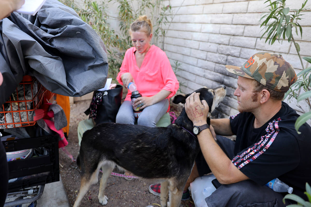 M.J. Douglas, 34, Felicks O’Brien, 31, and their dog, Waffles, shelter in the shade by Mojave ...