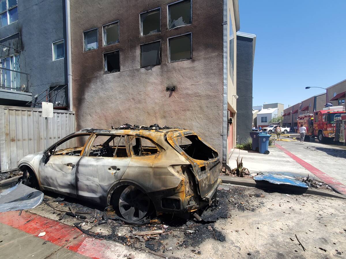 The aftermath of the massive fire, Sunday, June 19, 2022, in downtown Las Vegas. (Chase Stevens ...