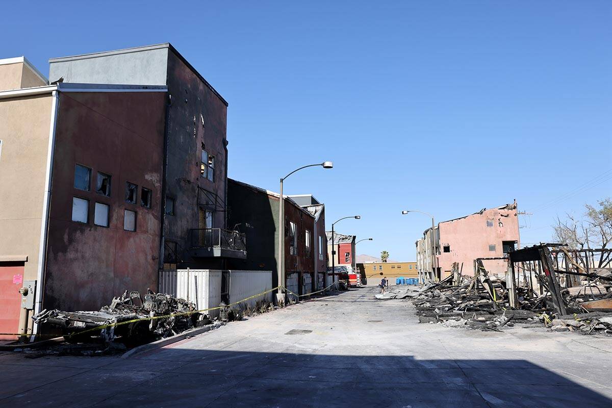 The aftermath of fire at Urban Lofts Townhomes on East Fremont Street near Eastern Avenue in La ...