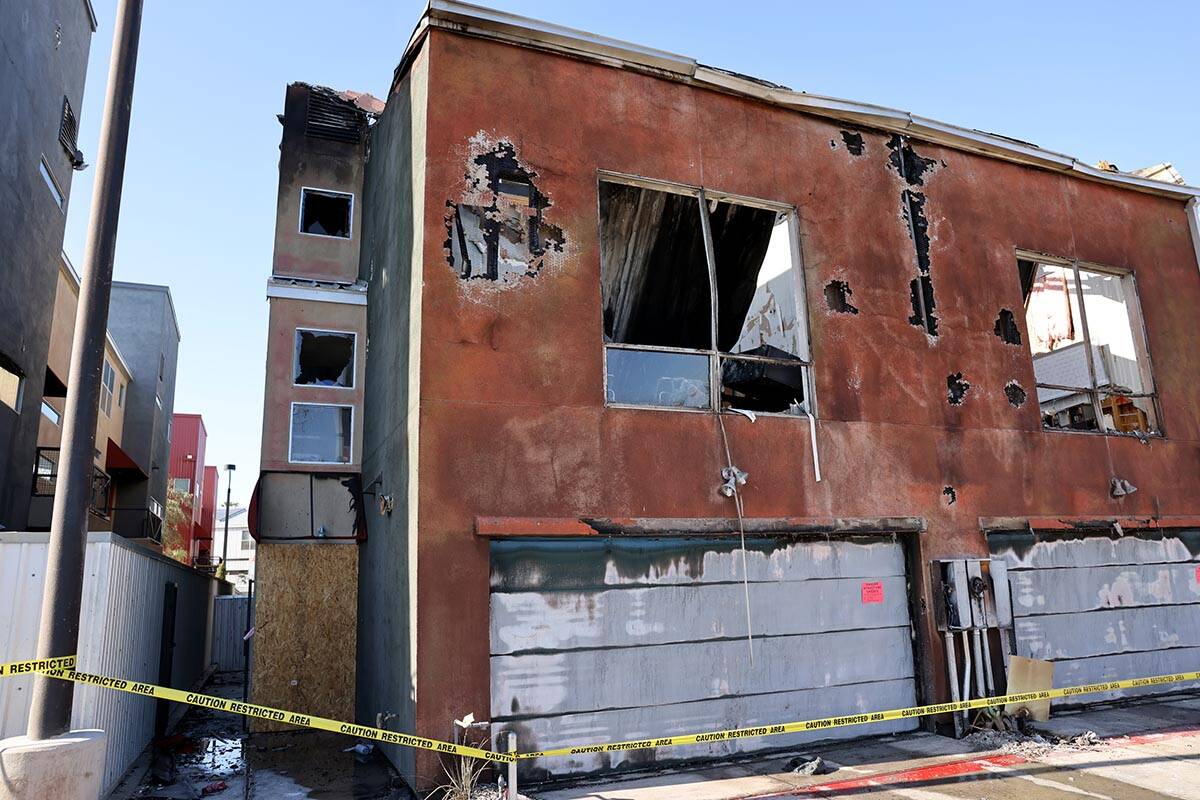 The aftermath of fire at Urban Lofts Townhomes on East Fremont Street near Eastern Avenue in La ...